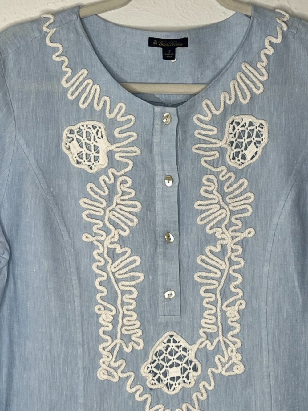 Women's Brooks Brothers Blue Linen Cotton Embroidered Tunic Top Size 12 - Picture 2 of 9